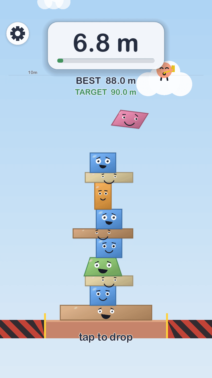 A small character sitting on a cloud eating mustard, watching a Stackfall tower climb toward it